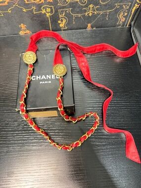 CHANEL Vintage 80’s Red Ribbon Chain Belt with Gold Medallions in Original Box